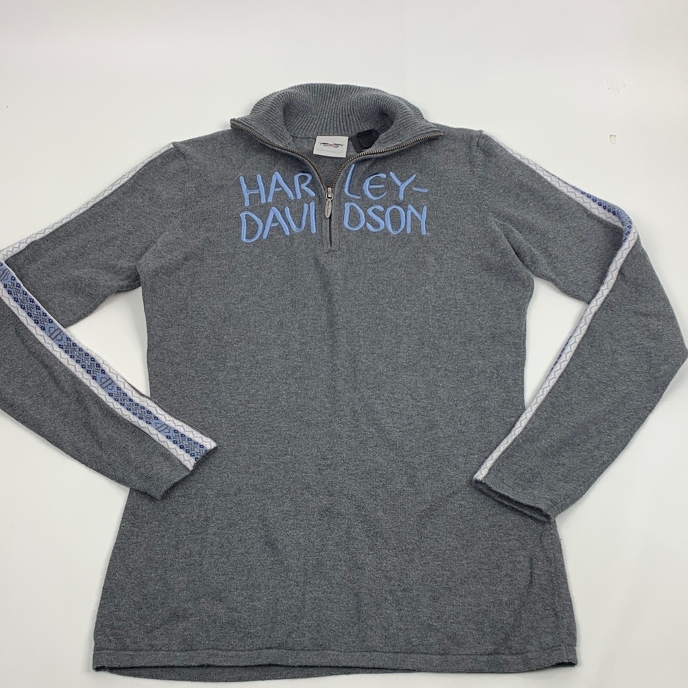 Harley-Davidson Gray Knit Sweater Turtleneck Zip HD embroidered Sz S blue sleeve